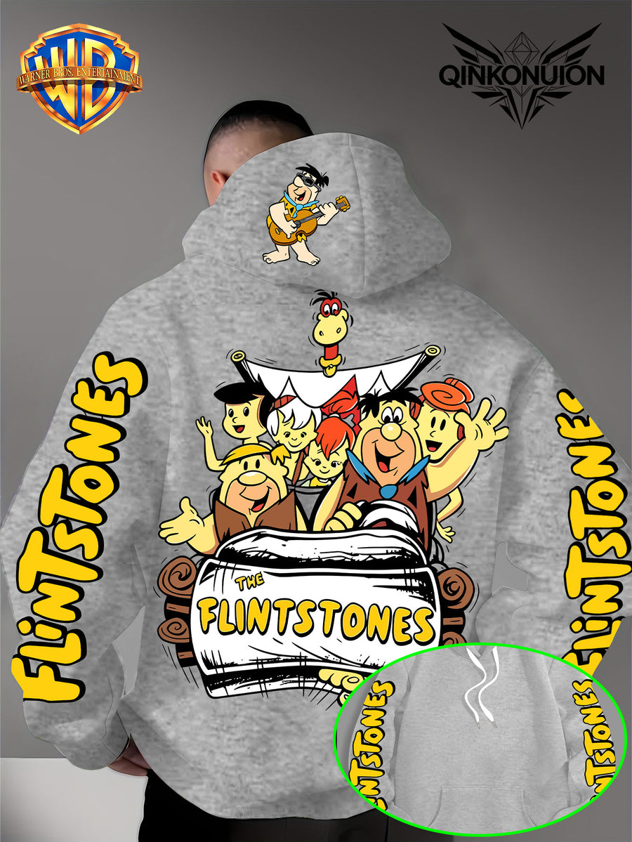 Warner Official Men's Hoodie, Stone Age Family Travel Happy Nostalgic Print Design, Machine Washable, Warm and Casual for Autumn and Winter Daily Drawstring Hoodie, Multi Functional Sports and Leisure Loose Fit - Light Grey