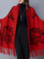 Pure Body Bust" Elegant Special Edition - 1pc Autumn/Winter New Arrival Women's Cardigan, Chinese Style Jacquard Color-Block Thickened Warm Windproof Batwing Sleeve Open Front Knitwear, Women's Elegant, Fashionable, and Versatile Fringe Shawl Sweater - Red