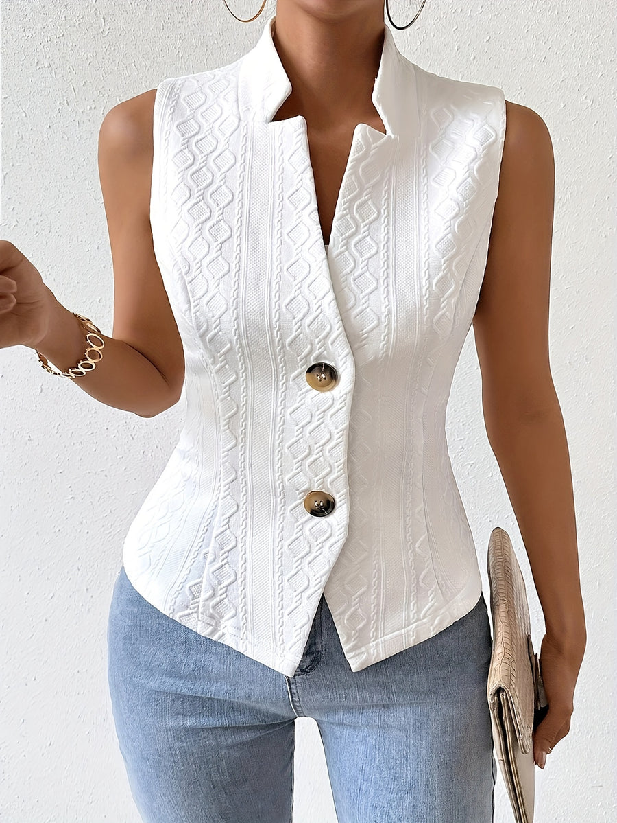 Women's Elegant Solid Color Jacquard Suit Vest Jacket - Open Collar Four-Season Machine-Washable Versatile Blazer for Casual & Formal Outfits, Structured Design - White