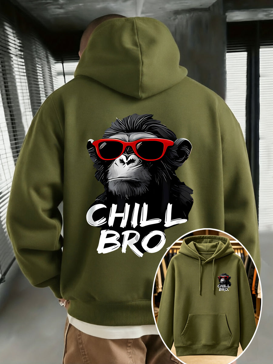 Men's Casual Versatile Hooded Sweatshirt with Fashion Glasses Chimpanzee "CHILL BRO" Fun Double-Sided Graphic Print - Front Kangaroo Pocket, Machine Washable, High-Quality Fabric Suitable for Casual and Sportswear, Daily Comfort - Casual Long-Sleeve - Military Green