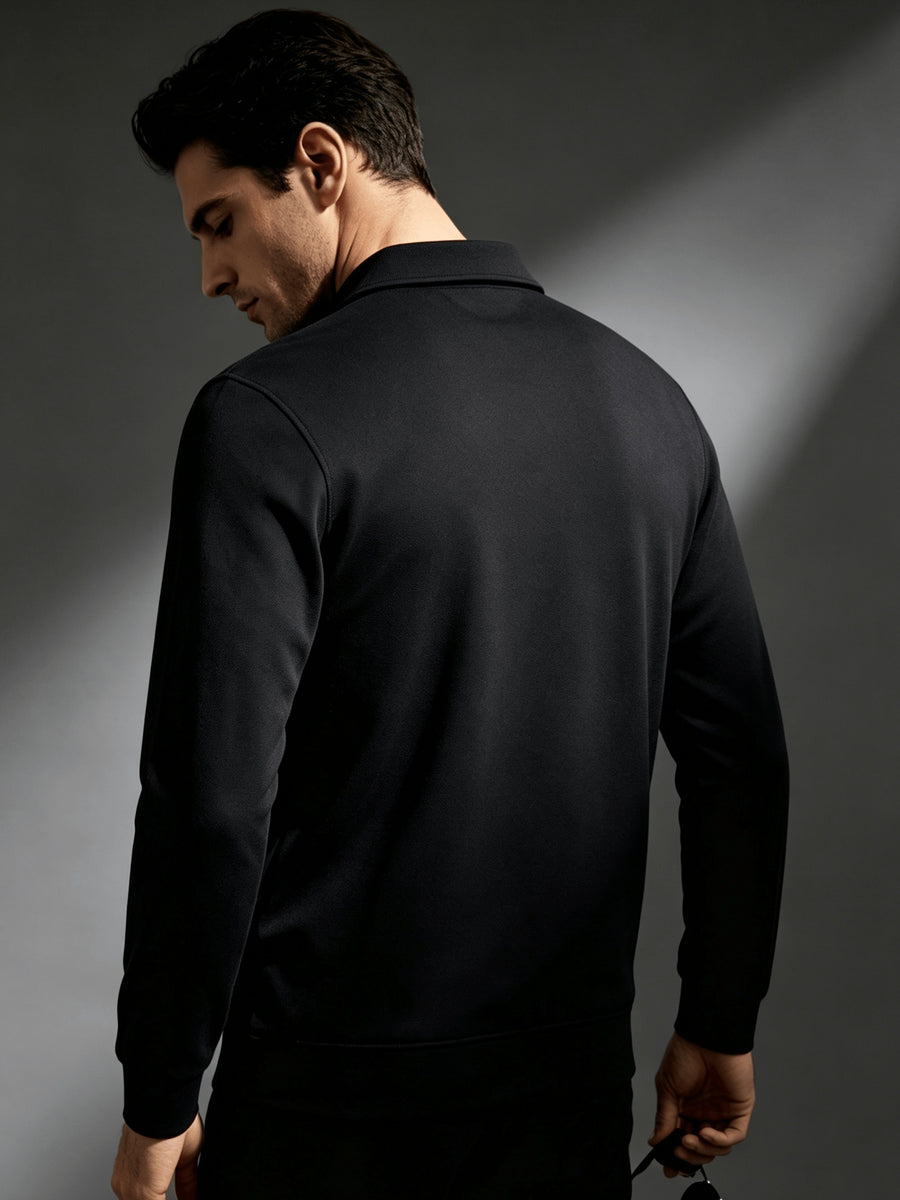2026 New Men'S Long Sleeve Cargo Polo Sweatshirt, Double Pocket Lapel Design, Autumn Casual Commuter Pullover Top, Christmas Thanksgiving Gift for Boyfriend Husband - Black
