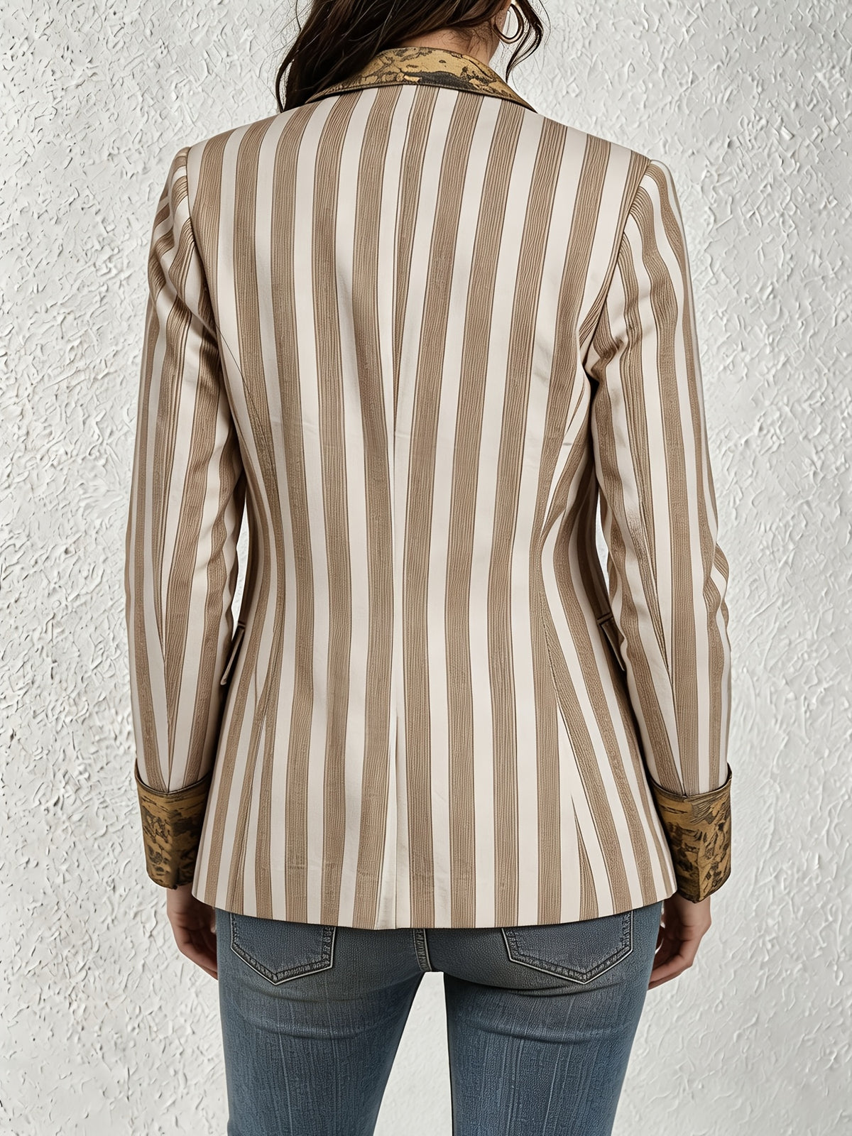 1 Retro Striped Spliced Oil Painting Print Suit Jacket for Women, Light Luxury Contrasting Lapel Slim Fit Slimming Casual Small Suit, Niche Design Spliced Lapel Single-Breasted Slim Fit Slimming Casual Jacket, Daily Wear, Street Wear, Workplace - Mixed colors
