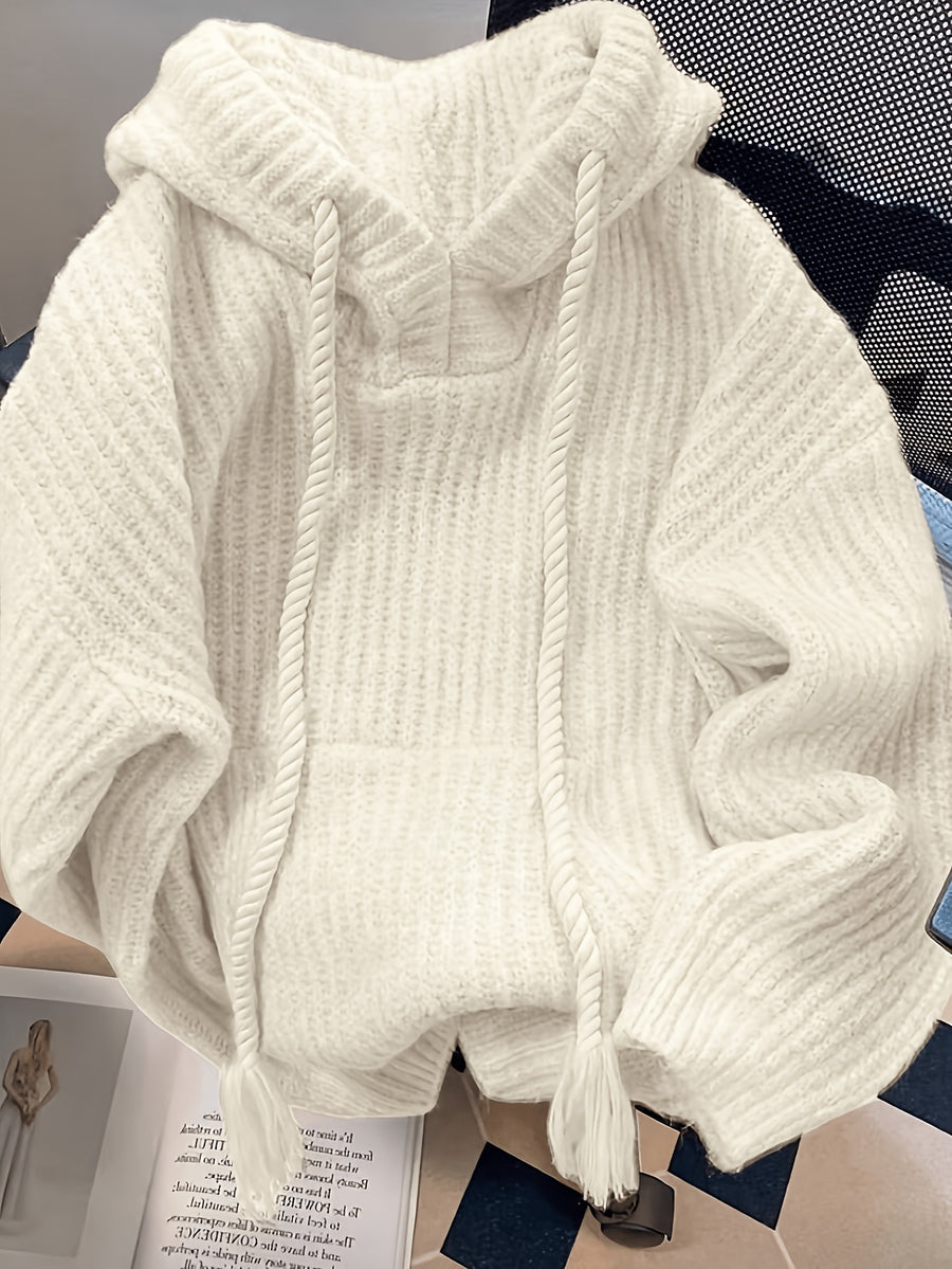 Hooded Chunky Cable- Sweater with Coarse Ribbed Texture, Tassels, Drawstring, Vertical Ribbed Detailing, and a Relaxed Fit. This Long-sleeve Pullover Features a Simple, Casual Design for a Laid-back and Effortless Look - Off-white