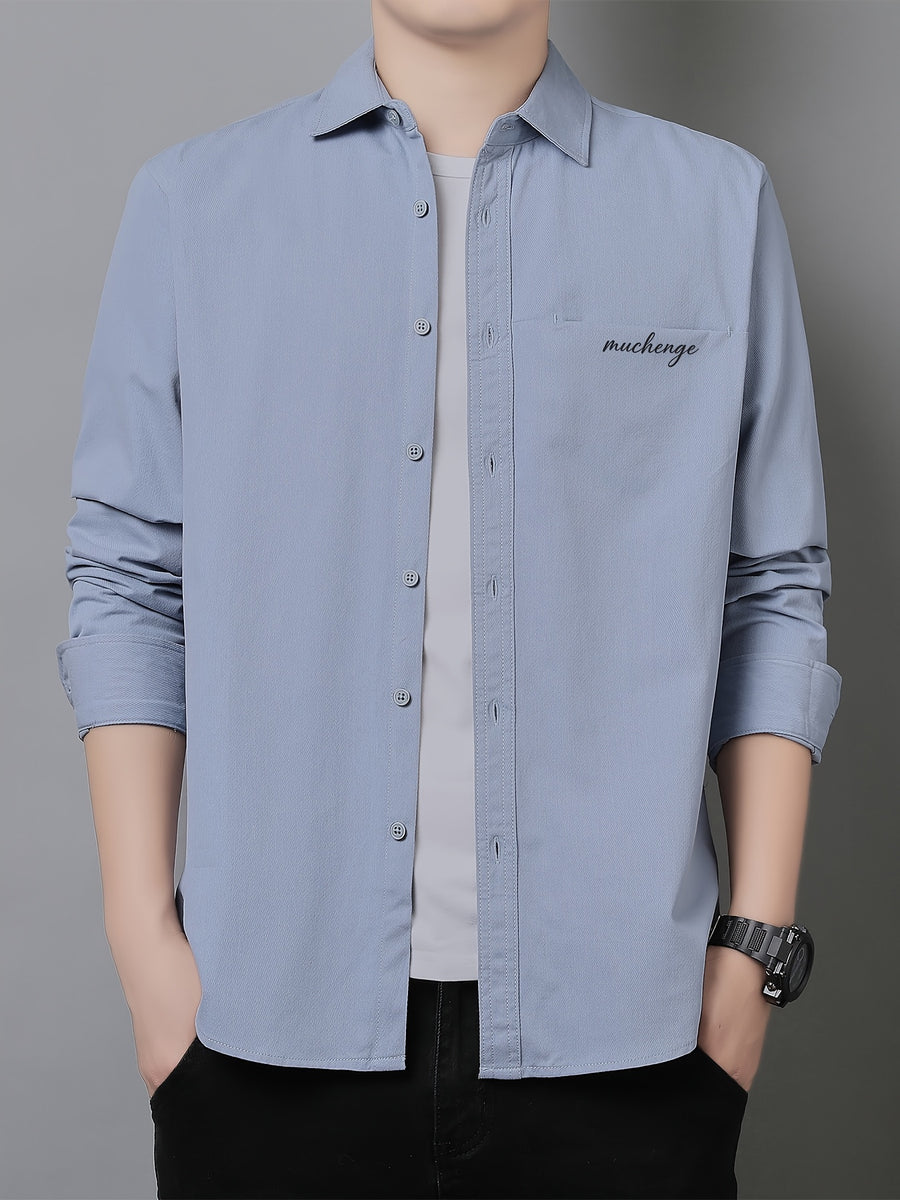 Men'S Long Sleeve Shirt with Lapel, Easy Letter Print Solid Color Hidden Single Pocket Casual Shirt, Washed Breathable Fabric, Spring/Autumn Commute Daily Wear Men'S Top, Inner And Outer Wear Multi-Color Available - Blue