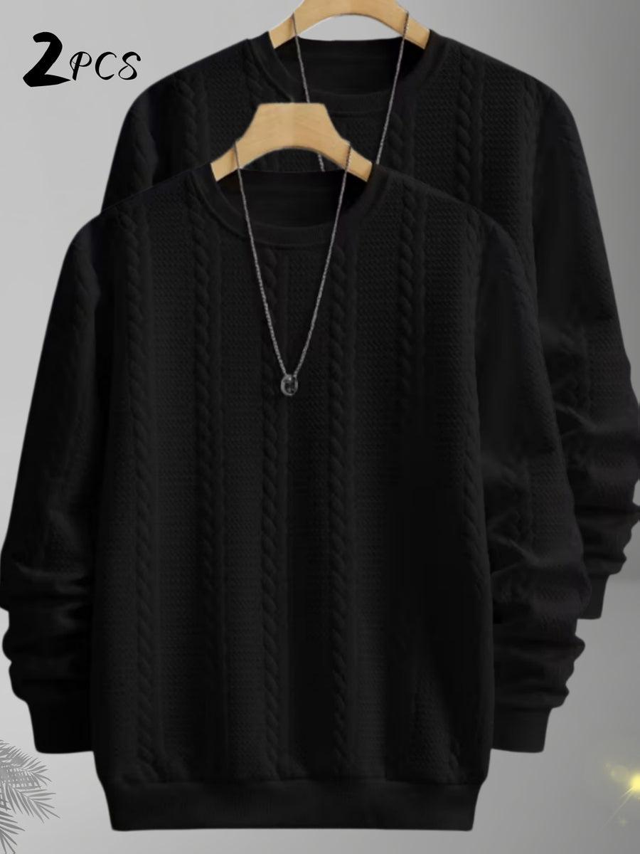 2pcs Men's Trendy Fashion Crew Neck Sweatshirt, Casual Streetwear Sweatshirt, Simple Style Long Sleeve T-Shirt, Sporty Long Sleeve Sweatshirt, Men's Casual Apparel - Black+black