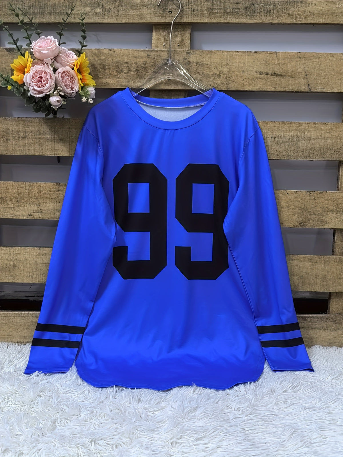 Autumn and Winter New European & American Style Women's "251.46cm Number Print Loose Casual Long Sleeve Top - Blue