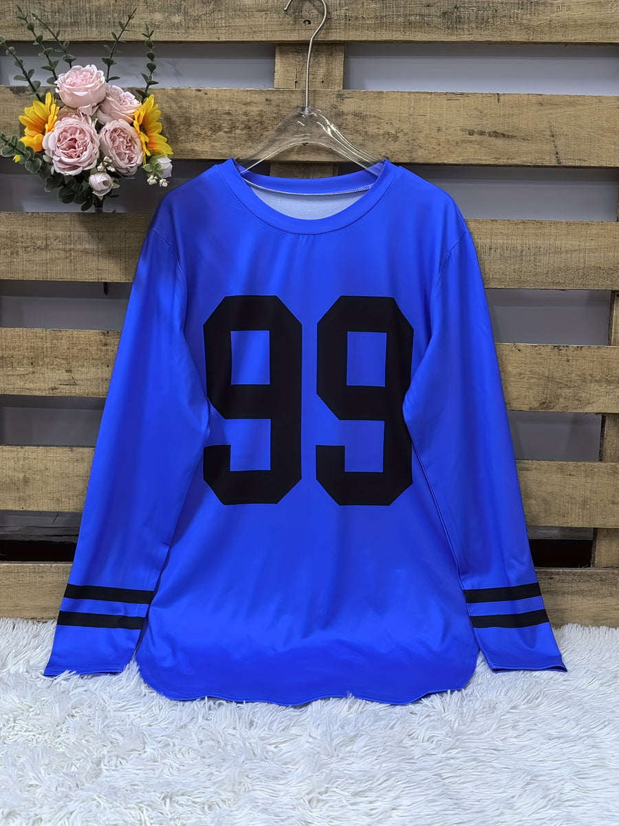 Autumn and Winter New European & American Style Women's "251.46cm Number Print Loose Casual Long Sleeve Top - Blue