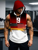 Men'S Hooded Sleeveless Sports Top with Gradient Color Geometric Pattern Design, Kangaroo Pocket, Suitable for Fitness Training And Daily Wear, Fashionable Comfortable Breathable Casual Sports Apparel - Mixed colors