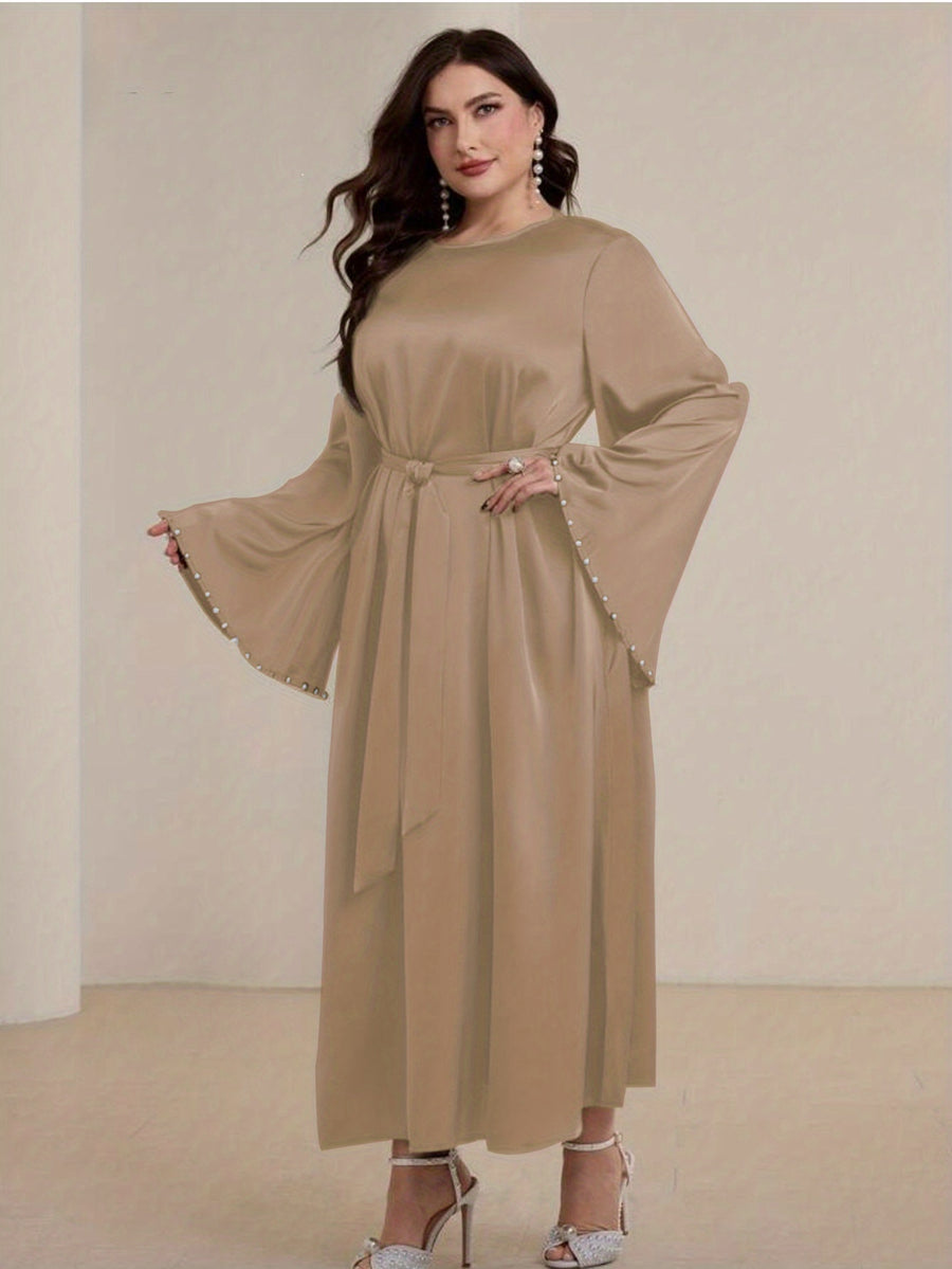 1pc Slim-fit Stretch Abaya Sleeve Front Zipper A-line AbayaElegant Flowing Muslim Robe Convenient Daily Islamic Women's WearStretch Sleeve Front Zipper AbayaSuitable for Daily Commuting, Gatherings with Family Friends, and Islamic Festive Occasions - Khaki