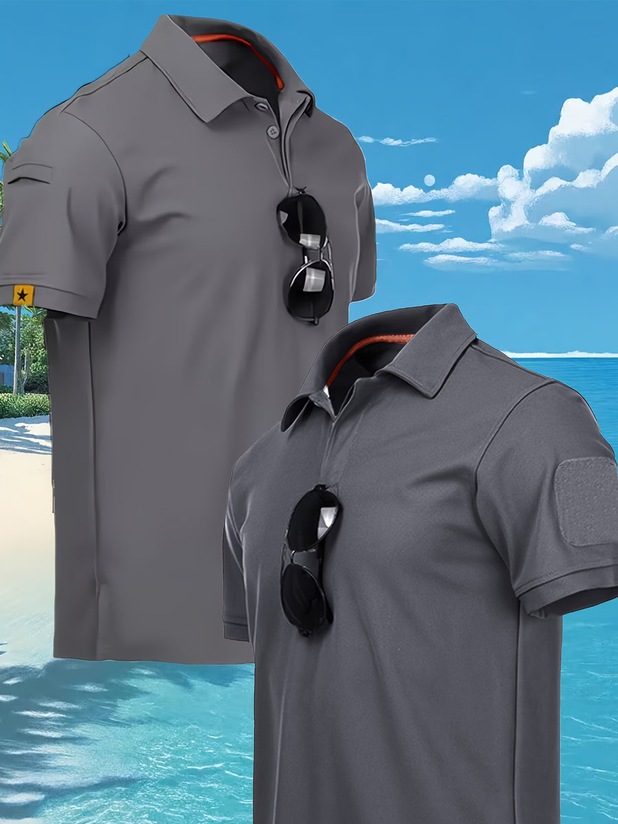 2pcs Summer Quick-Dry Lightweight Breathable Men'S Short Sleeve Loose T-Shirt Breathable Lapel T-Shirt Outdoor Riding Casual Short Sleeve Top, Additions Not Included - Black Gray