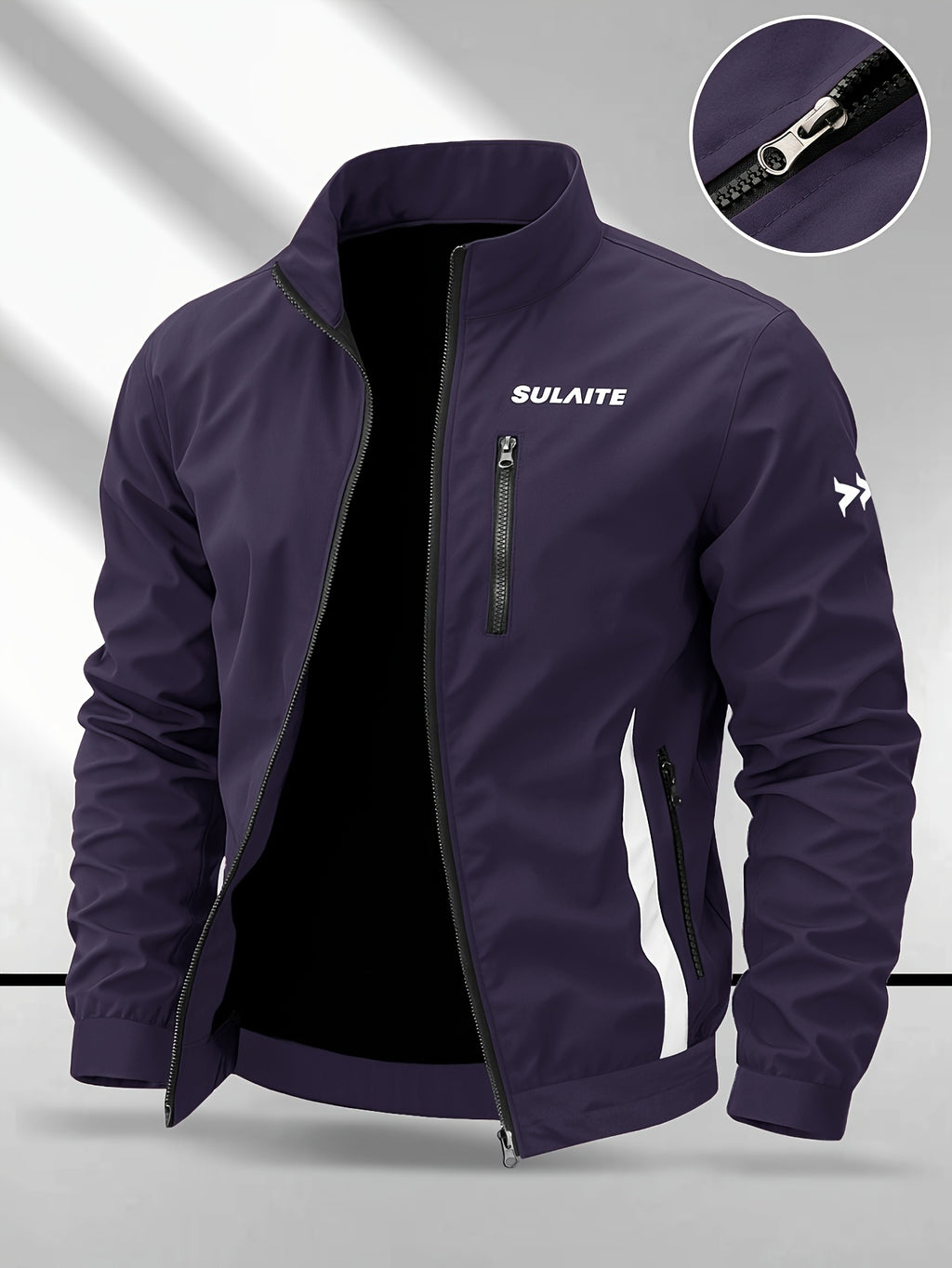 Trendy Vintage Men's Spring/Autumn New Casual Versatile Jacket Outdoor Sports Windproof Coat with Contrasting Color Stand Collar, Transitional Layering Essentials - Deep Purple