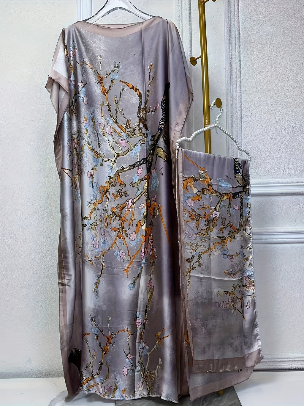 Tree Print Round Neck Long Dress, Elegant Batwing Sleeve Loose Fit Long Dress with Headscarf, Women's Fashion - Light Purple