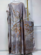 Tree Print Round Neck Long Dress, Elegant Batwing Sleeve Loose Fit Long Dress with Headscarf, Women's Fashion - Light Purple