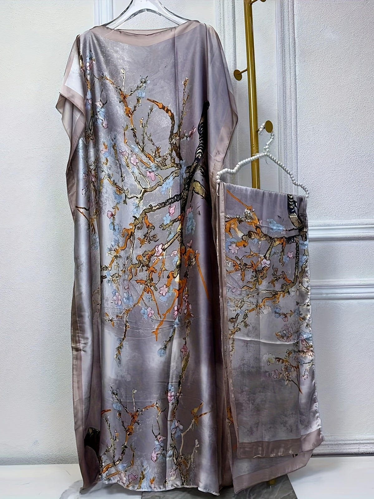 Tree Print Round Neck Long Dress, Elegant Batwing Sleeve Loose Fit Long Dress with Headscarf, Women's Fashion - Light Purple