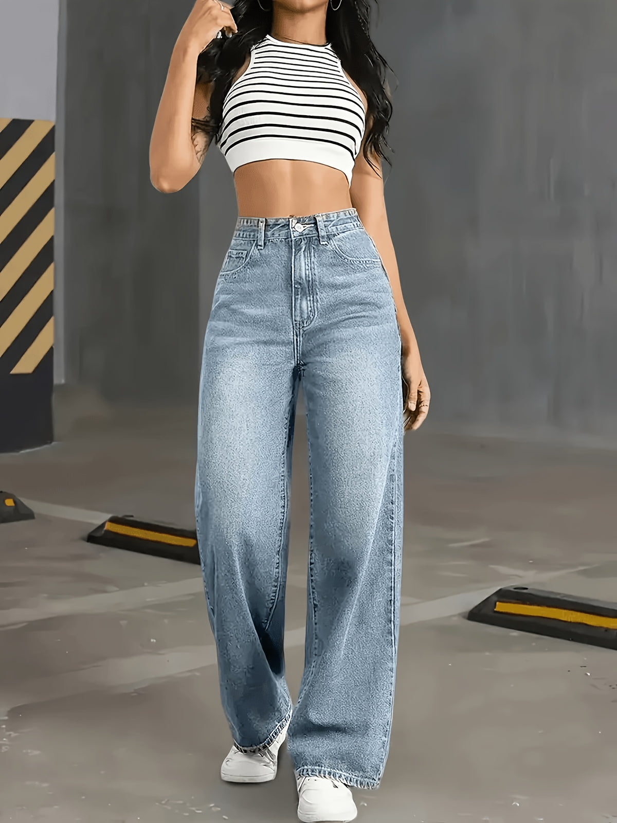 Women'S High-Waisted Elastic Light-Colored Slim-Fit Straight-Leg Wide-Leg Elegant And Fashionable Trousers - Light Blue