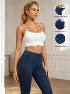 Women's Fashionable High-Waist Casual Outing Jeans, High-Stretch 300g Twill Fabric, Outer Pocket Washed Denim Leggings, Versatile and Elegant Slim-Fit Jeans for Daily Commuting - Denim Color