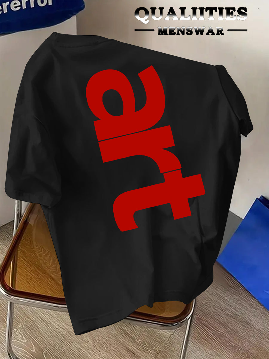 Men'S Fashion Short Sleeve T-Shirt, Minimalist Red Letter Pattern Print, Casual Regular Knit Tee, Suitable for Daily Wear, Couple Style, Unisex, Summer New Arrival, Versatile Style - Black