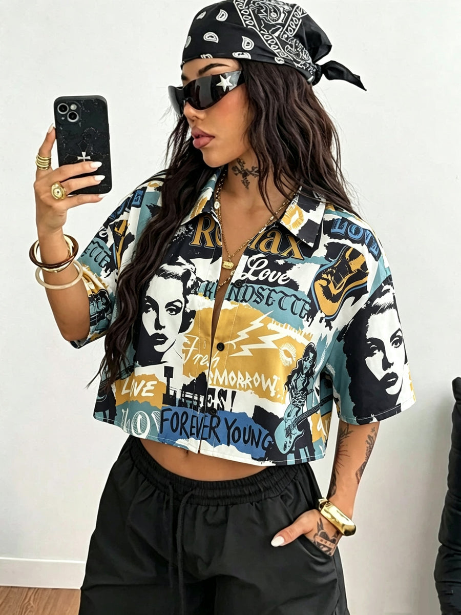 Women's Summer Trendy Plaid Oversized Cropped Printed Shirt, All-Season Wear, Street Hip Hop & Retro College Style, Casual for Daily Outfits, Ideal Surprise Gift for Festivals and Anniversaries - Mixed colors