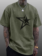 Men's Short-Sleeve T-Shirt, Pure Cotton Loose Fit Washed Distressed Half-Sleeve Top, Dot Matrix Overlapping Double Five-Star Trendy Reverse Double-Sided Print, Multiple Colors for  Mix & Match, American Streetwear High Street Hip-Hop Y2K National - Olive Green
