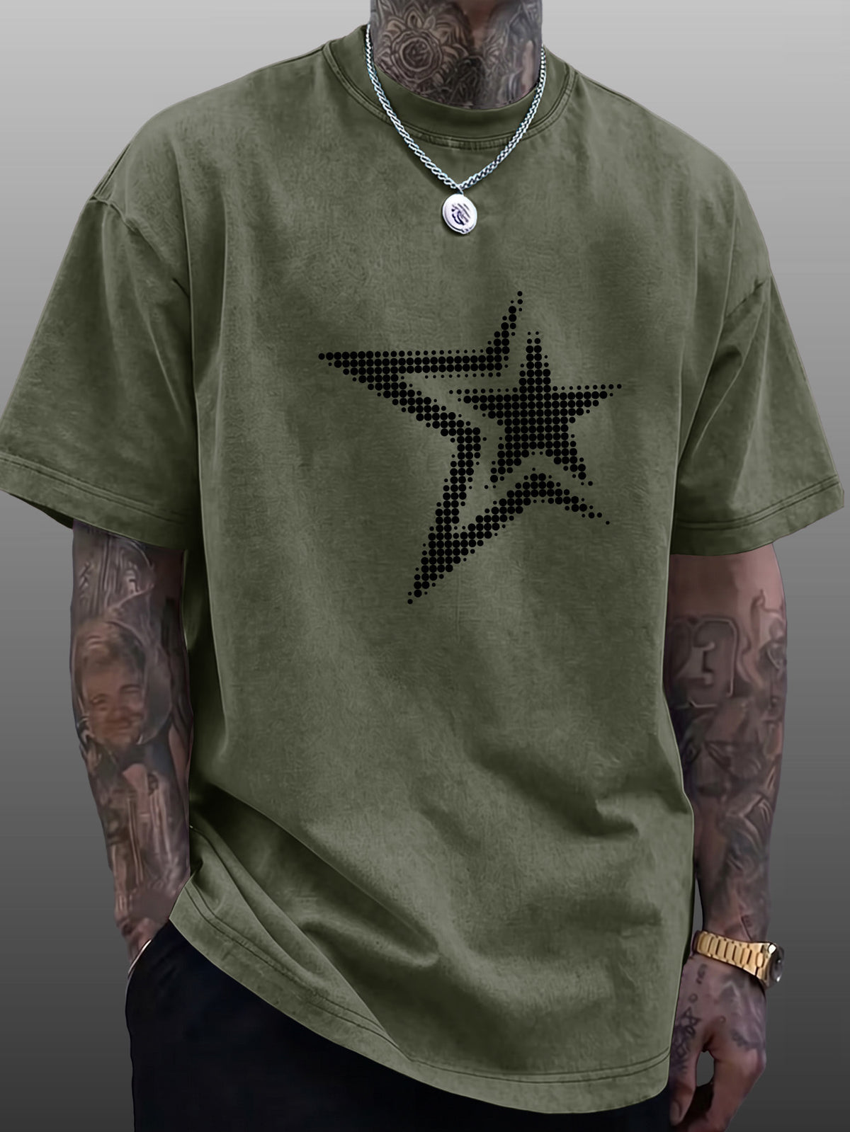 Men's Short-Sleeve T-Shirt, Pure Cotton Loose Fit Washed Distressed Half-Sleeve Top, Dot Matrix Overlapping Double Five-Star Trendy Reverse Double-Sided Print, Multiple Colors for  Mix & Match, American Streetwear High Street Hip-Hop Y2K National - Olive Green