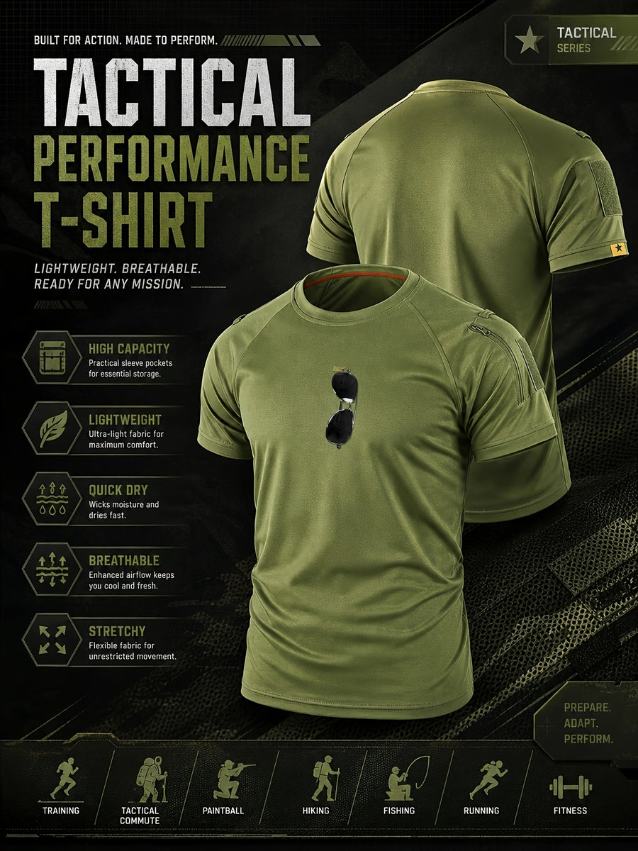 1pc Men'S Round Neck T-Shirt Outdoor Casual Quick-Dry Short Sleeve Top with Pocket And Hook-And-Loop Closure Breathable T-Shirt for Camping Hiking Fishing Running Sports Shirt, Additions Not Included - Olive Green