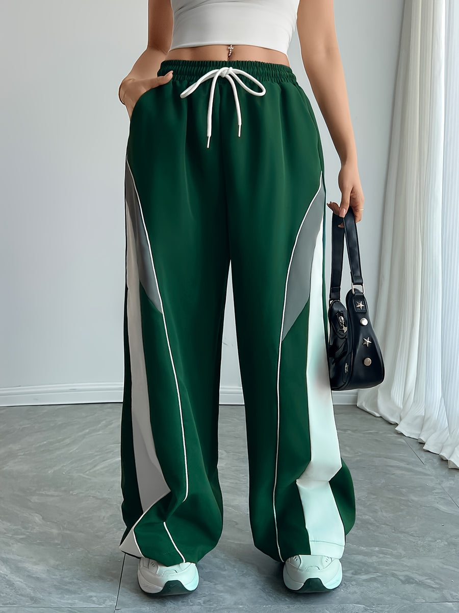 Women'S High-Waisted Color Block Wide-Leg Pants with Drawstring Waist - Green, White & Gray Contrast Stripes, Casual Joggers for Spring/Summer/Fall, Comfortable Fit, Jogging Pants - Dark Green