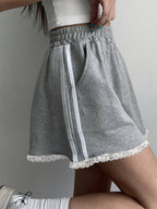 Women's Casual Gray Elastic Waist Shorts with Lace Trim - Summer High-Waisted Loose Fit Shorts, Machine Washable, Comfortable & Stylish for Casual Attire, High Waisted Shorts, Solid Color Fashion - Ash