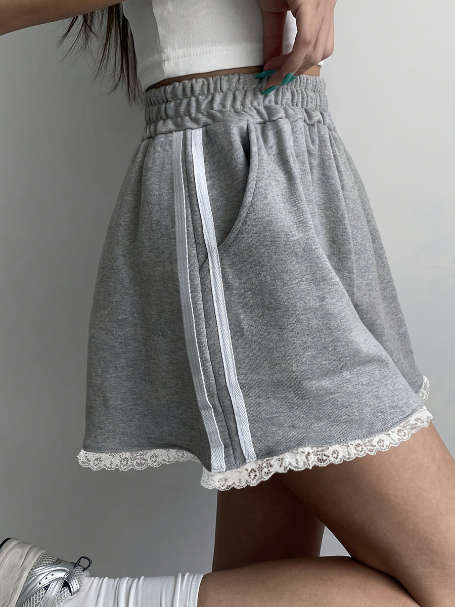 Women's Casual Gray Elastic Waist Shorts with Lace Trim - Summer High-Waisted Loose Fit Shorts, Machine Washable, Comfortable & Stylish for Casual Attire, High Waisted Shorts, Solid Color Fashion - Ash