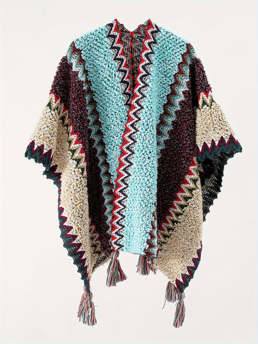 Tassel Striped Hollow-Out Airplane Blanket Cape Unisex Travel Coat - Lake Blue