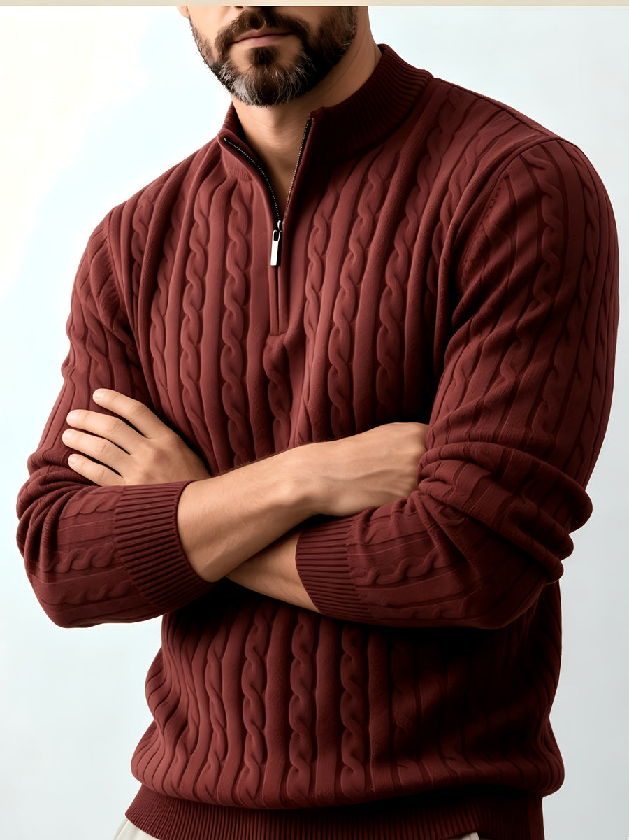 Men's Relaxed-fit Spring and Autumn Style with a Chic Half-zipper Design for a Casual, Laid-back Look. The Exquisite Cable-knit Texture Adds a Vintage Touch, While the Solid Color Offers a Calm and Sophisticated Vibe, Perfect for Creating a Casual - Burgundy