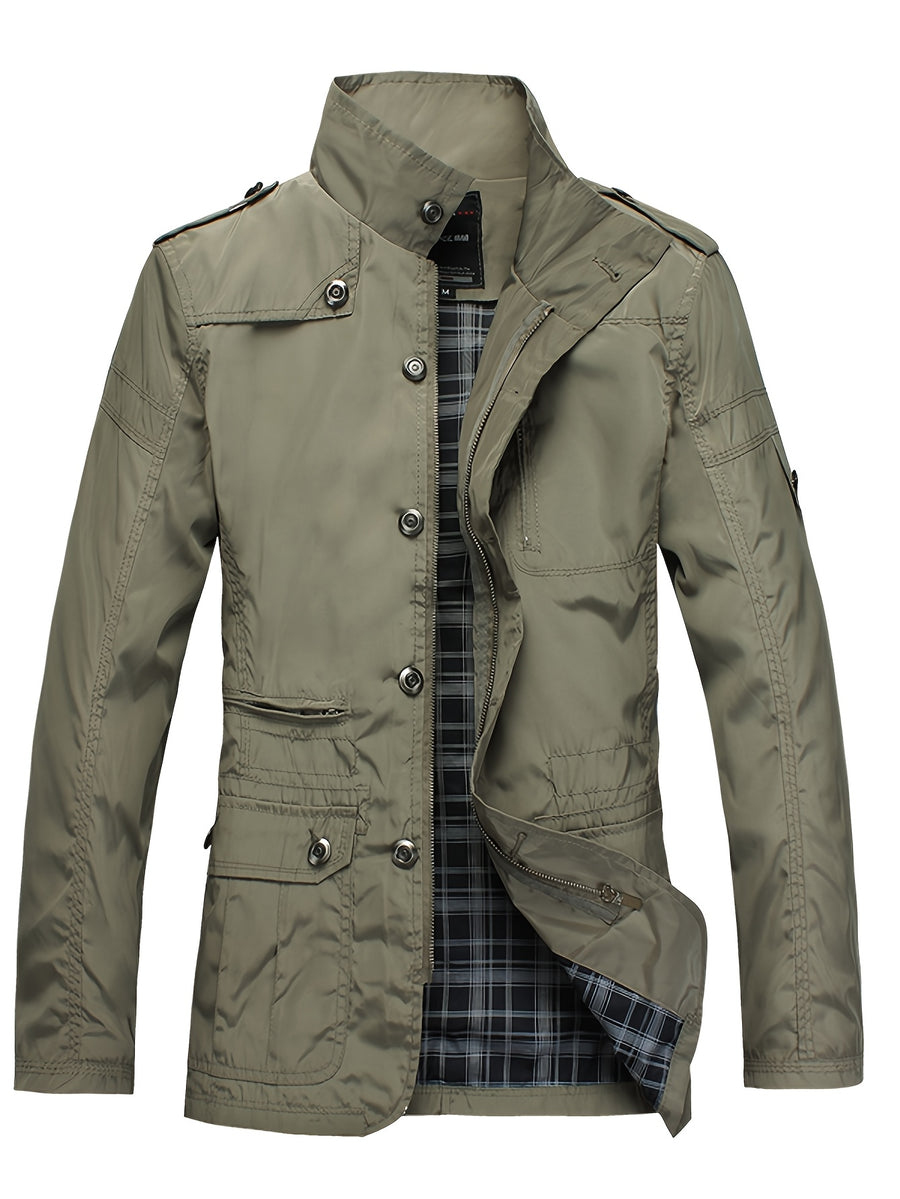 Men'S Versatile Cargo Jacket, Spring Autumn Thin Stand-Up Collar Shoulder Epaulette Multi-Pocket Coat, Casual Commute Men'S Wear, Casual Athletic Versatile Jacket, Perfect Gift for Daily Outing, Halloween Christmas Valentine'S Day Ideal Gift - Green