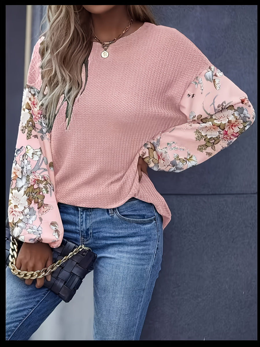 Holiday Floral Print Lantern Sleeve T-Shirt - Pink