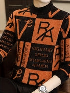 [Maiqiqi Obm]New Autumn And Winter Men'S Knitted Pullover, Round Neck Letter Patchwork Knit Sweater, Featuring a Unique Combination of Letters And Text Elements, Creating a Distinct Street Fashion Vibe And a Casual Stylish Atmosphere - Orange-Red