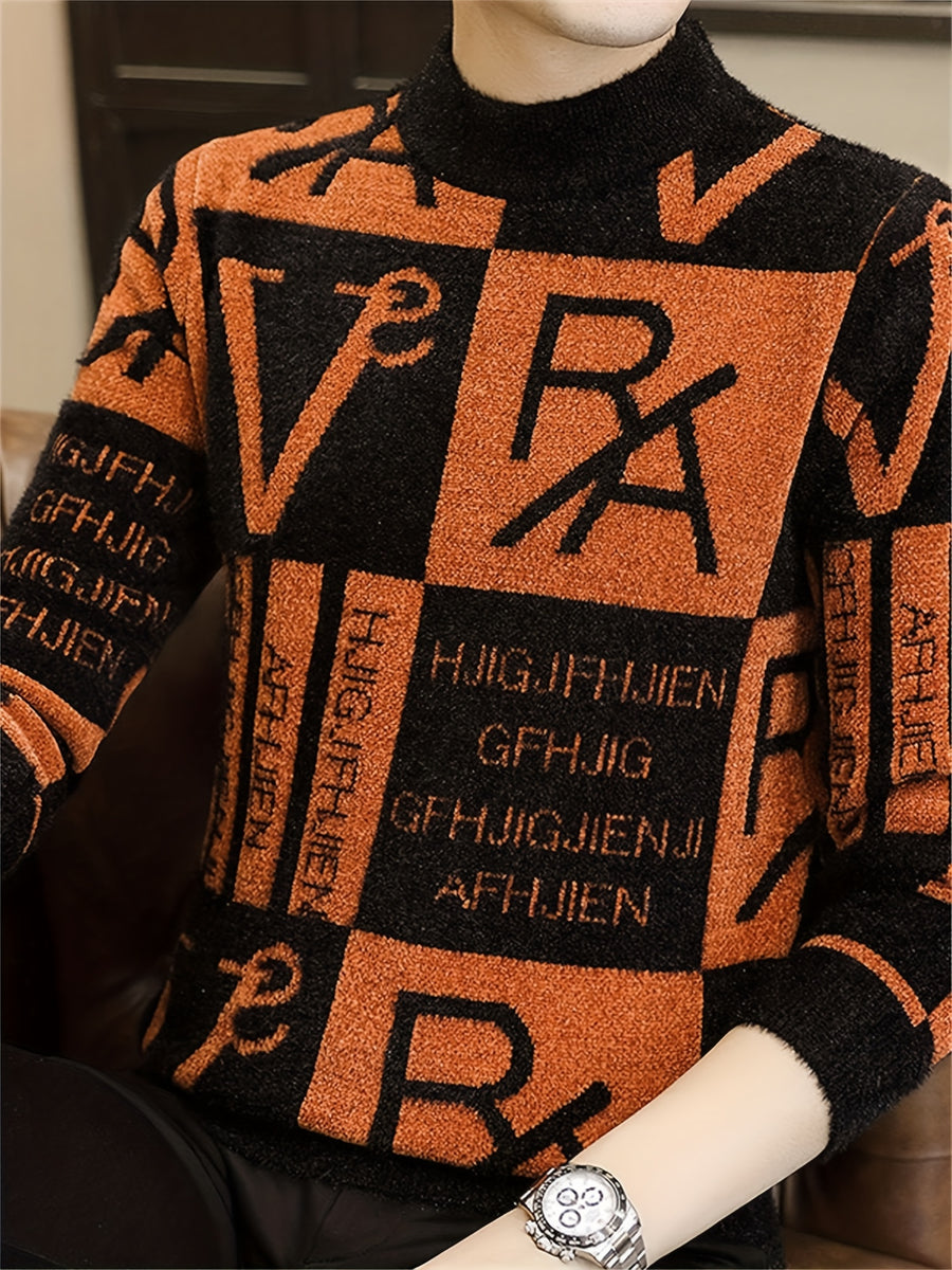 [Maiqiqi Obm]New Autumn And Winter Men'S Knitted Pullover, Round Neck Letter Patchwork Knit Sweater, Featuring a Unique Combination of Letters And Text Elements, Creating a Distinct Street Fashion Vibe And a Casual Stylish Atmosphere - Orange-Red