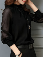 Women's Elegant Office and Daily Shirt - Stand Collar Long Sleeve Non-Sheer Professional Top, All-Season Machine Washable Formal Casual Style Q305 - Black