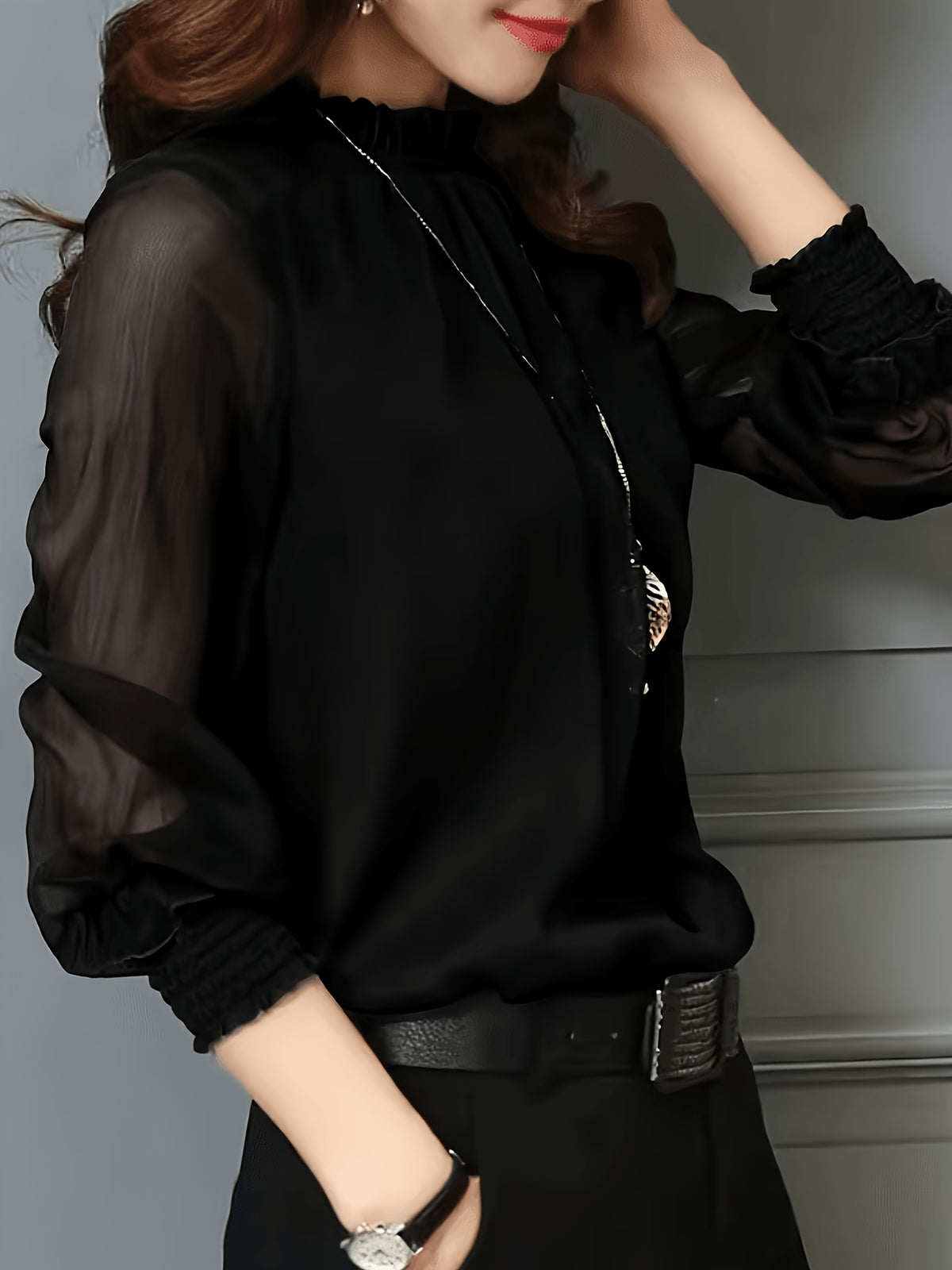 Women's Elegant Office and Daily Shirt - Stand Collar Long Sleeve Non-Sheer Professional Top, All-Season Machine Washable Formal Casual Style Q305 - Black