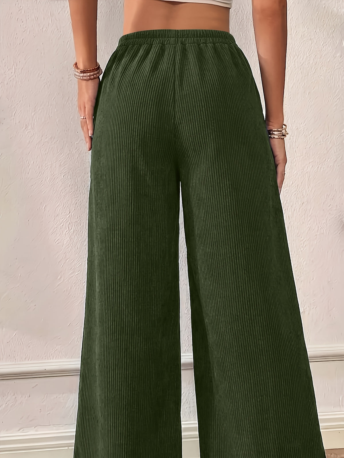 Women'S Corduroy Fashion Casual Wide-Leg Pants, Multi-Pocket Design, Elegant Loose Straight Leg Style, Good Drape, High-Waist Pleated Wide-Leg Casual Trousers - Military Green
