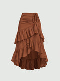 New Fashion Asymmetrical Pleated Hem Design Multi-layered Women's Skirt - Loess Ochre