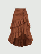 New Fashion Asymmetrical Pleated Hem Design Multi-layered Women's Skirt - Loess Ochre