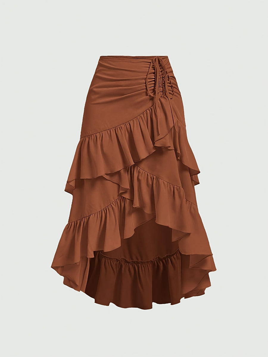New Fashion Asymmetrical Pleated Hem Design Multi-layered Women's Skirt - Loess Ochre