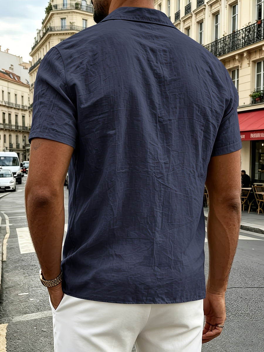 Men's Short-sleeve Shirt, Made of Comfortable and Breathable Fabric, Suitable for Daily Outings, Outdoor Sports, Travel, and Vacations. Lightweight and Airy with a Regular Fit, Ideal for the Beach, Hiking, Evening Wear, and Casual Street Style. - Navy Color