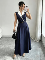 Women'S Navy Blue Striped White Contrast Collar with Golden Buttons And Cinched Waist A-Line Long Dress, Charming Elegant Choice for Daily Commute, Suitable for Office, Light Business, Weekend Outings, And Dates, Perfect for Spring Summer Fall - Navy Color