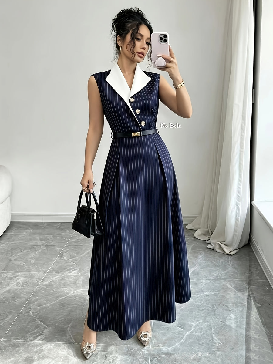 Women'S Navy Blue Striped White Contrast Collar with Golden Buttons And Cinched Waist A-Line Long Dress, Charming Elegant Choice for Daily Commute, Suitable for Office, Light Business, Weekend Outings, And Dates, Perfect for Spring Summer Fall - Navy Color