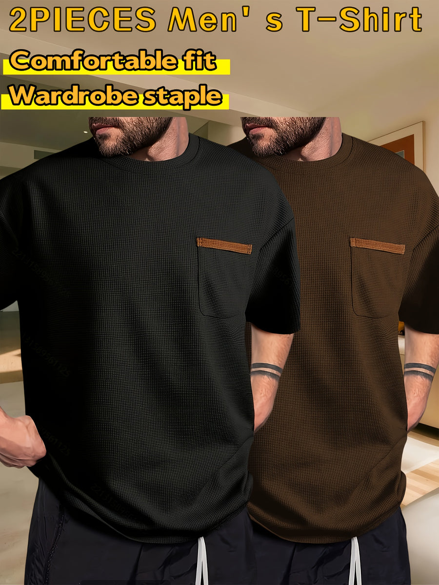 Men's Waffle-Knit Short Sleeve T-Shirt - Breathable Base Layer & Casual Round Neck Pocket Tee, Solid Color Suitable for Gym, Casual Attire, Machine Washable, Spring/Summer Layering Shirt, High-Fit Rate for Lifestyles - Black+Coffee