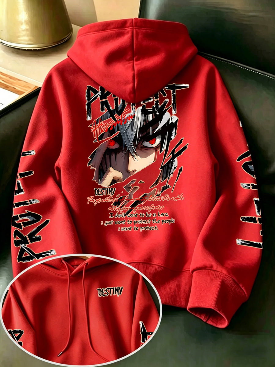 Limited-Time Special Offer: Single-pc Unisex Black Knitted Hooded Sweatshirt with Anime Boy Portrait Graffiti and English Print, Trendy Cool Anime-Style Loose Drop-Shoulder Hoodie for Spring/Autumn, Casual Wear for Outings and Gatherings - Red