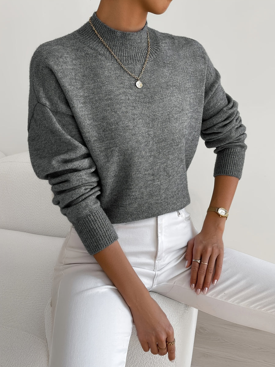 Women's Solid Color Elegant Mock Neck Long Sleeve Drop Shoulder Pullover Sweater - Dark Gray