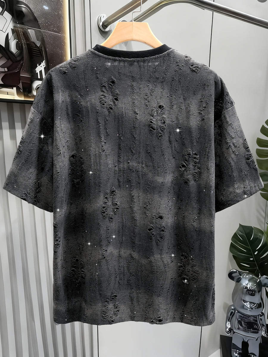 Textured Short Sleeve T-Shirt Black TUNNEL Letter Print Casual Street Style - Black