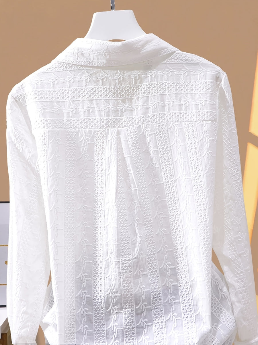 Fashionable and Versatile Polo Collar Shirt for Women, New Spring/Autumn Casual Simple Embroidered Base Layer Top - White
