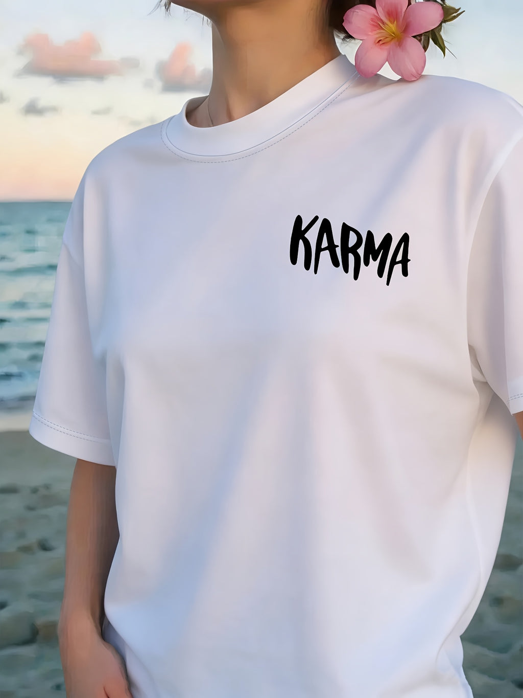 Front And Back Print T-Shirt, Cause And Effect, KARMA Pattern Women'S Round Neck Casual Short Sleeve Top, Trendy Fashion Casual Style, Women'S Double-Sided Printed Top, Round Neck Women'S Short Sleeve T-Shirt S-XXL - White