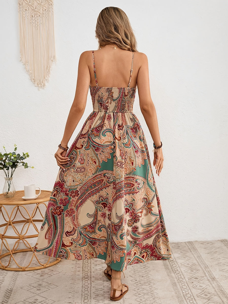 Vacation Print Slit Hem Neckline Dress for Women - Mixed colors